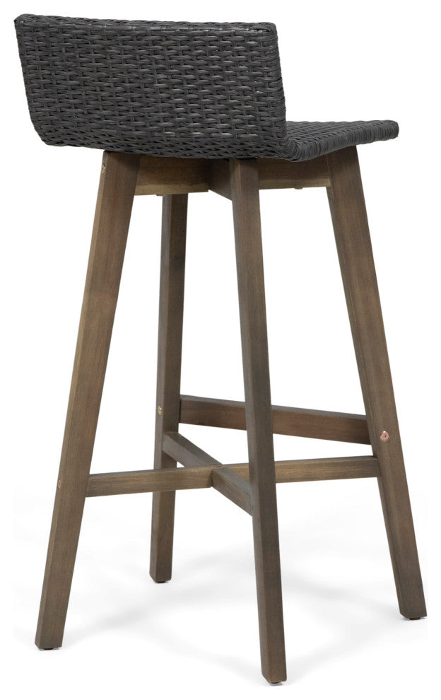 Jessie Outdoor Wood and Wicker Barstool, Set of 4, Gray, Gray Finish