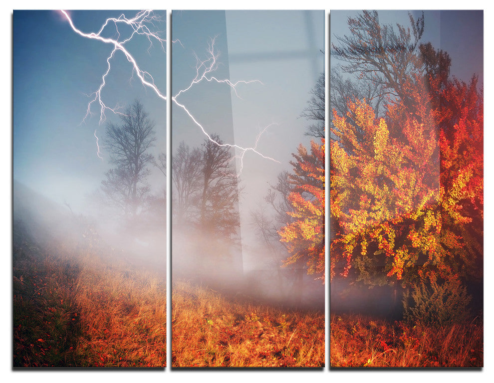 "Lighting in Yellow Autumn Forest" Photo Metal Wall Art, 3 Panels, 36"x28"