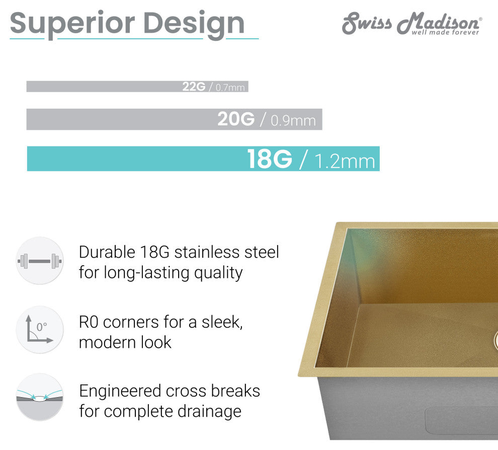 Tourner 26"x18" Stainless Steel, Single Basin, Undermount Sink, Gold