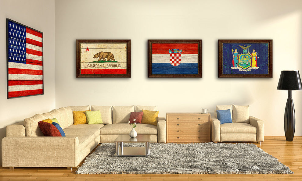 Croatia Country Textured Flag Print With Brown Gold Frame, 15"X21"