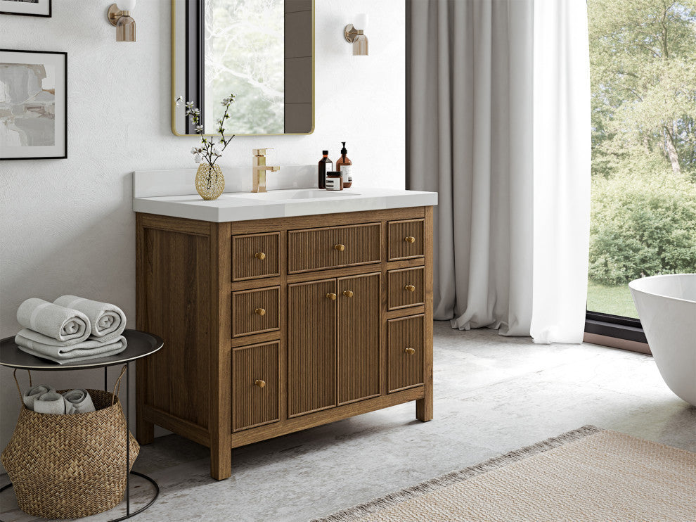 Sonoma Teak 42 Single Sink Bath Vanity in Dark Natural with 2" White Quartz
