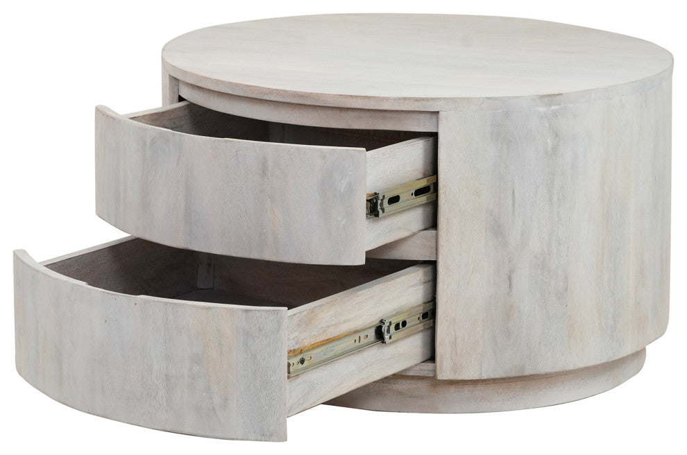 Christa 2-Drawer 30" Round Coffee Table, Whitewash
