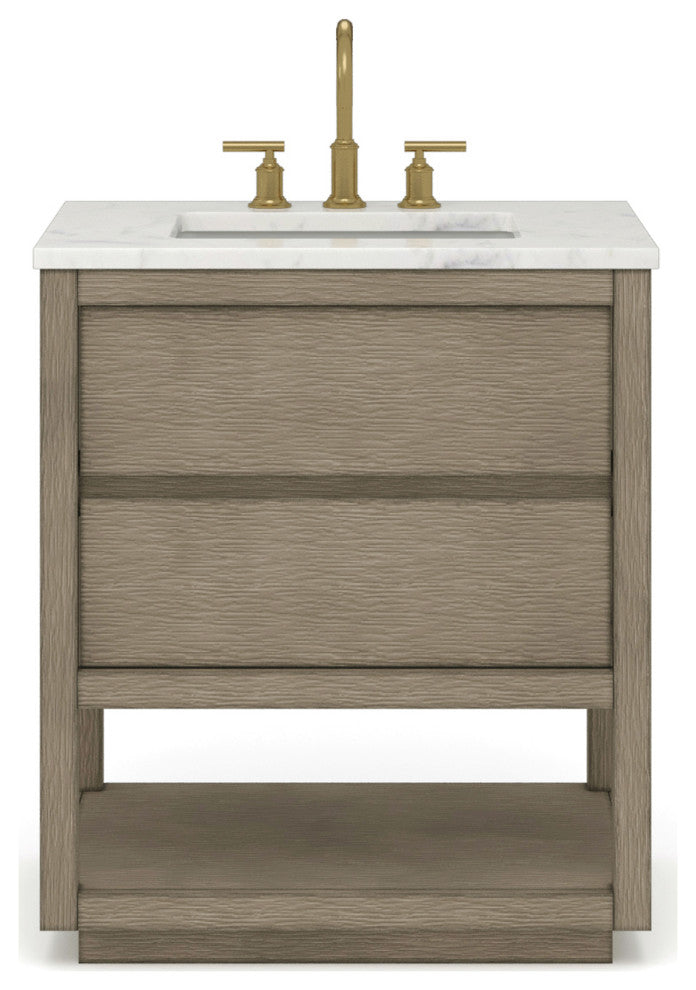 Oakman Marble Top Vanity in Grey Oak with Faucet, 30", Vanity With Satin Gold Faucet