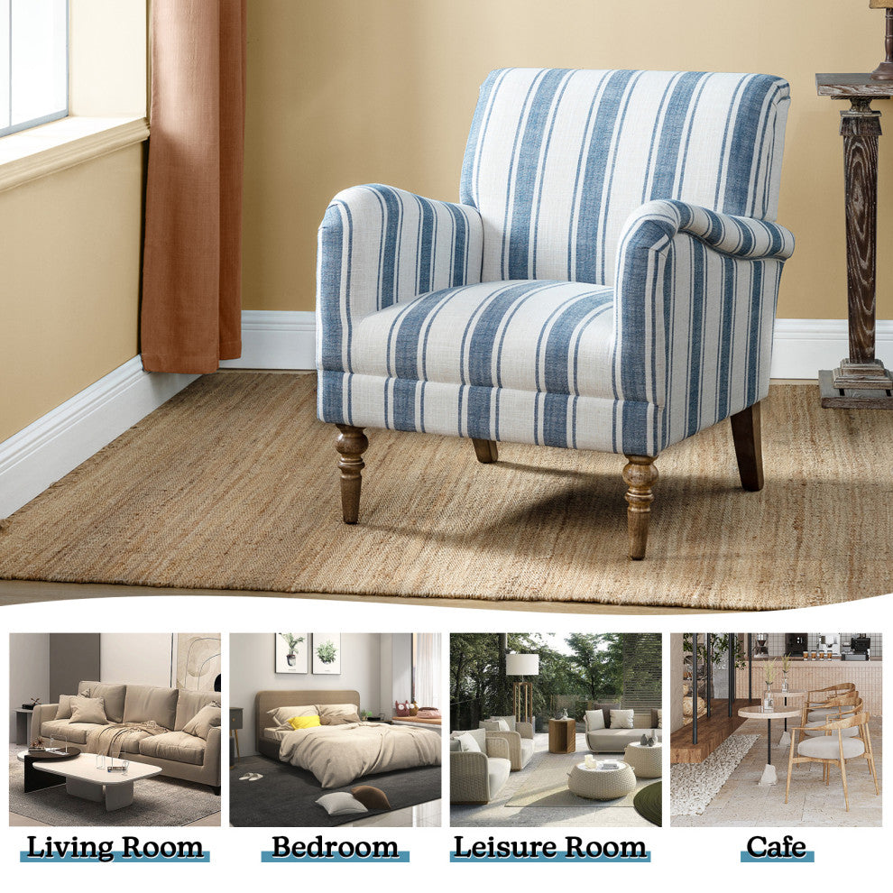 Mid-century Stripe Armchair With Wing Back, Navy