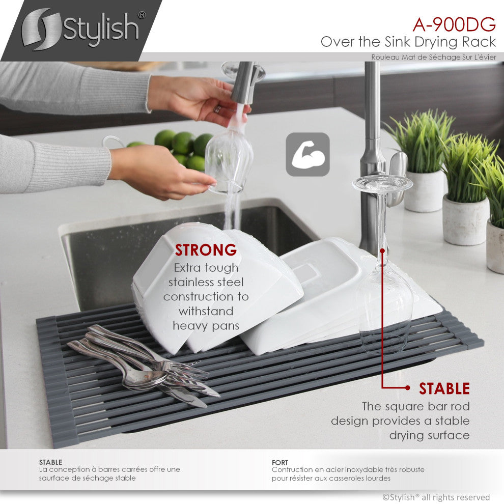 Stylish 20" Over The Sink Roll-Up Dish Drying Rack, Dark Gray