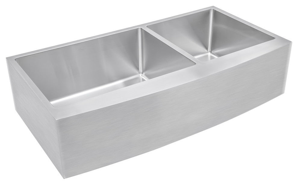 42" Curved Front Offset Double Bowl Stainless Steel Farmhouse Sink