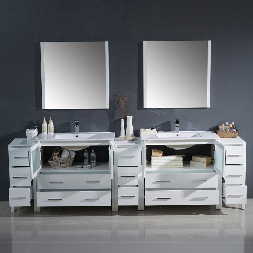 Torino 108" White Modern Double Sink Bathroom Vanity, Faucet FFT9151CH