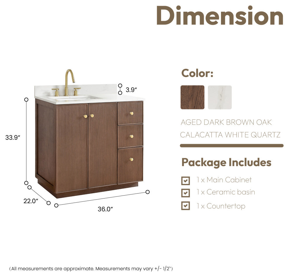 Oza Bath Vanity with Quartz Stone Top, Aged Dark Brown Oak, 36", Single Vanity, No Mirror