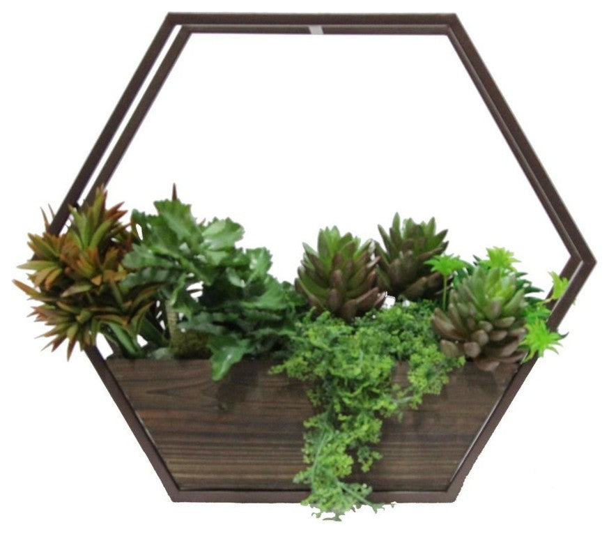 Set Of 2 Hexagon Wood And Metal Framing Wall Hanging Planters W/ Hard Liners