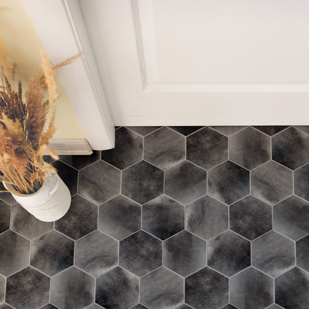 Industrial Hex Multi Mix Porcelain Floor and Wall Tile, Black