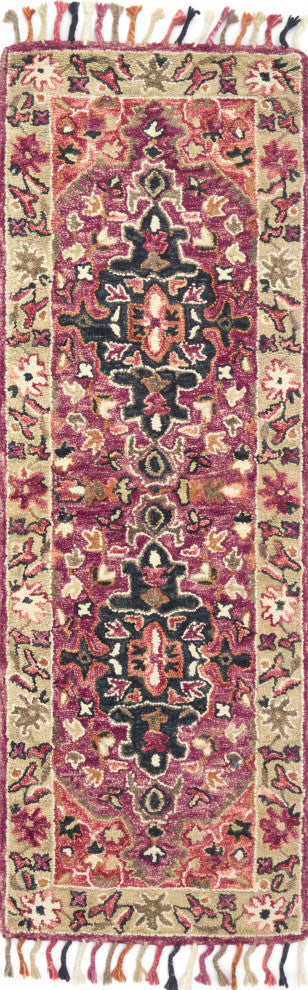 Wool Hand Hooked Colorful Tassels Zharah Area Rug, Raspberry / Taupe, 2'-6" X 7'