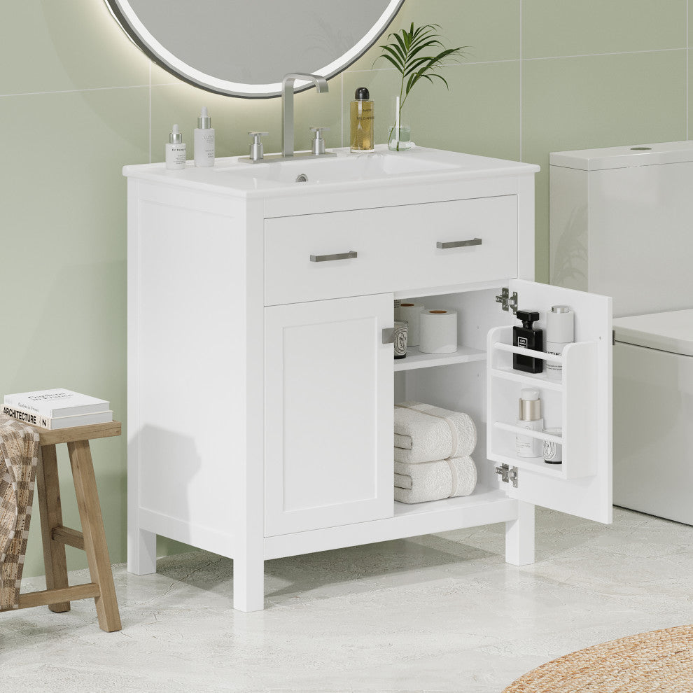 30 Inch Bathroom Vanity with Ceramic Sink, White