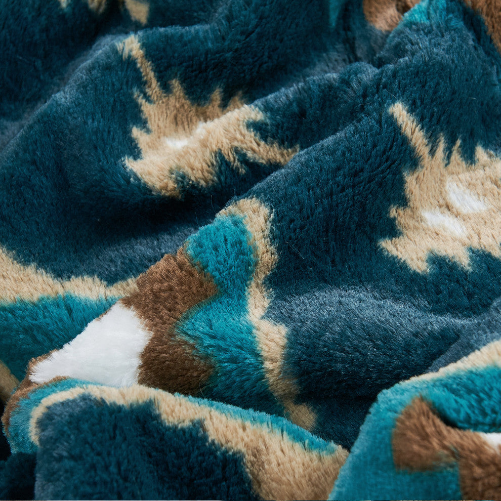 Southwest Faux Fur & Sherpa Backing Throw Blanket, Deep Teal, 60" X 80"