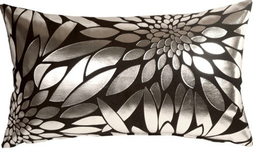 Pillow Decor - Metallic Floral Black Rectangular Throw Pillow