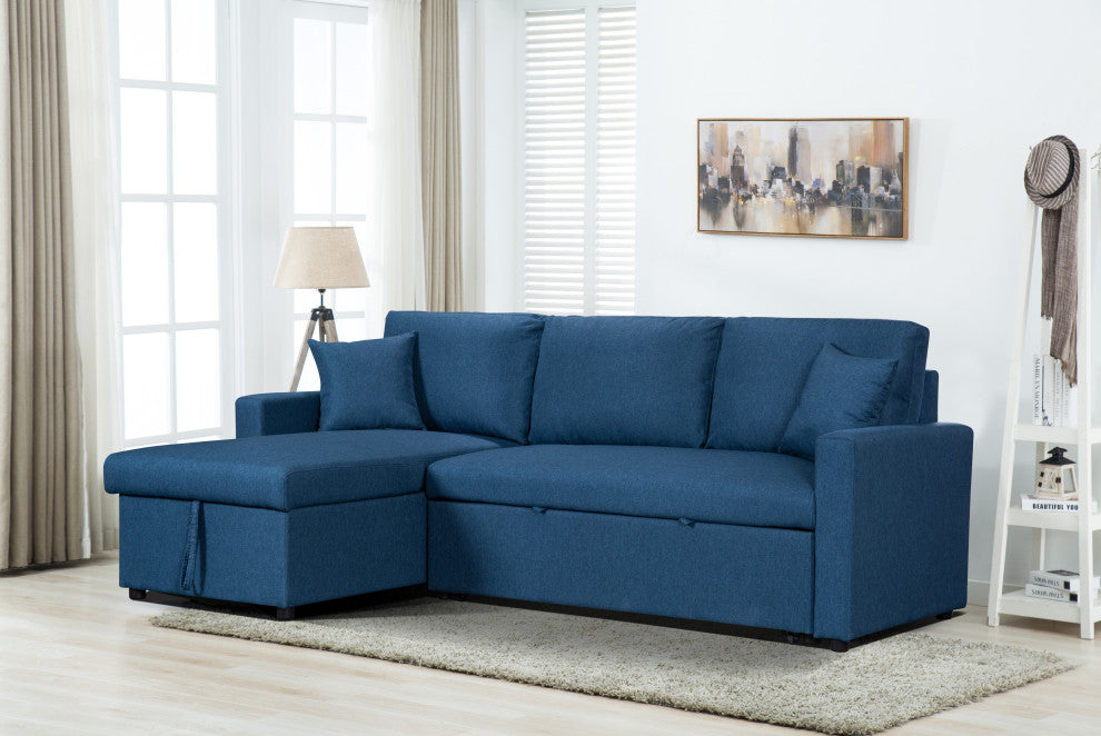 Paisley Linen Reversible Sleeper Sectional Sofa With Storage Chaise, Blue