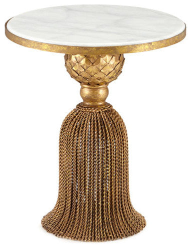 Wrought Iron Antique-Style Gold Tassel Table, White Marble Top