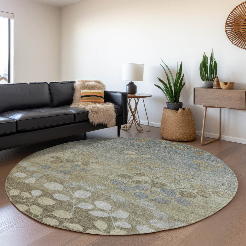 Machine Washable Indoor/Outdoor Chantille ACN1900 Khaki 8' x 8' Round Rug