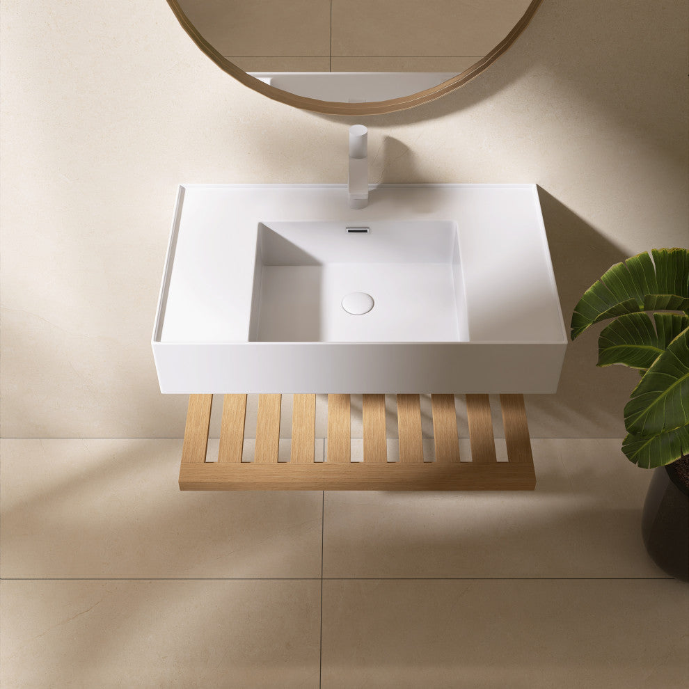 Wall-Mounted Bathroom Vanity With White Rectangular Acrylic Integrated Basin, 30"