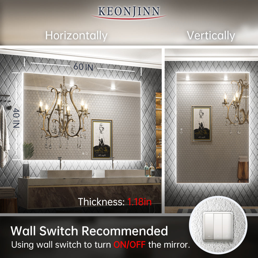 Backlit LED Mirror for Bathroom, Anti-Fog Dimmable, Silver, 60x40