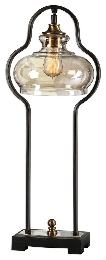 Curved Bronze Black Industrial Iron Table Lamp, Amber Glass Vintage Style Retro