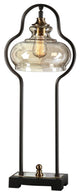 Curved Bronze Black Industrial Iron Table Lamp, Amber Glass Vintage Style Retro