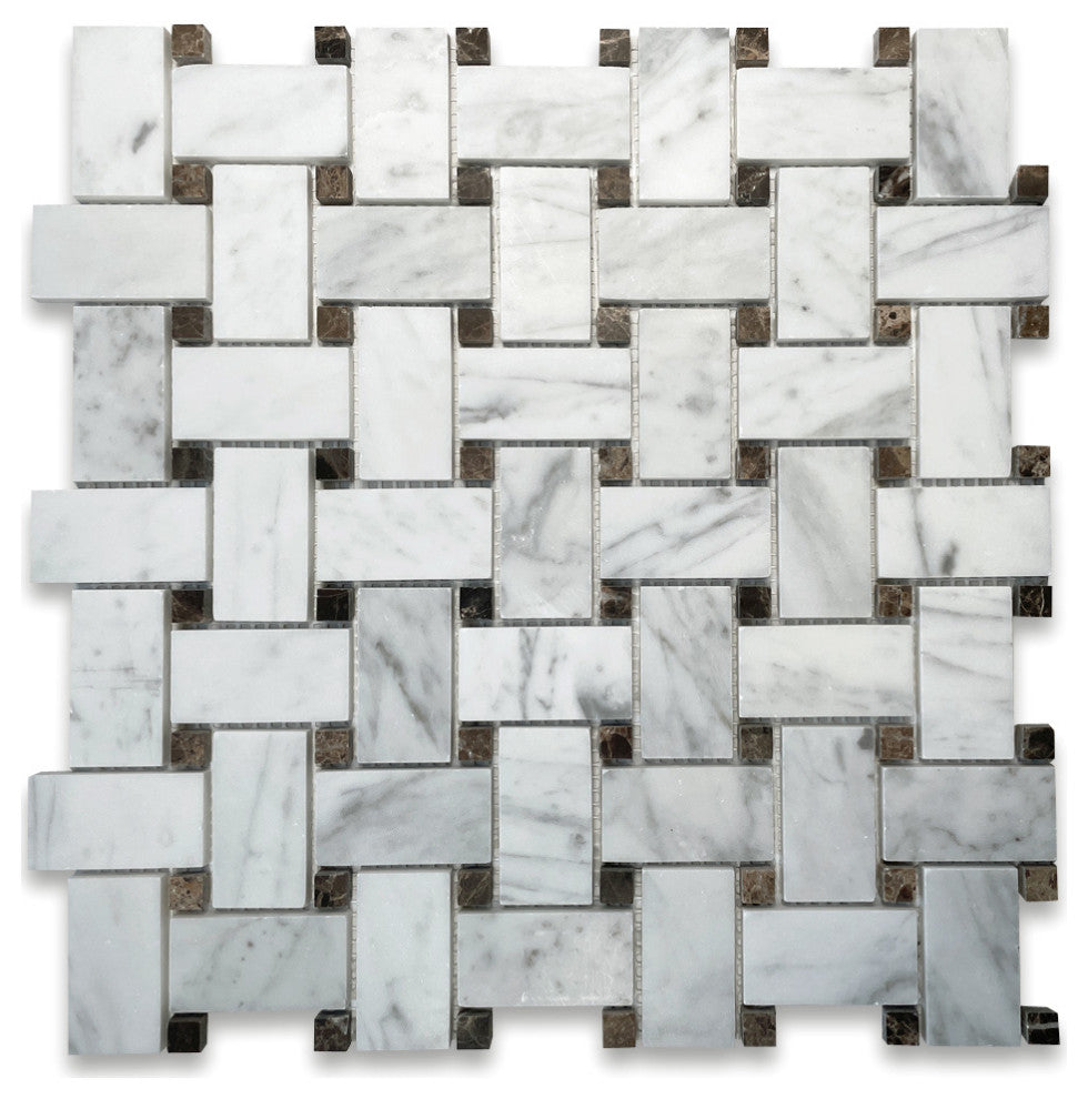 Carrara Venato Marble 1x2 Basketweave Mosaic Tile Brown Dots Honed, 1 sheet