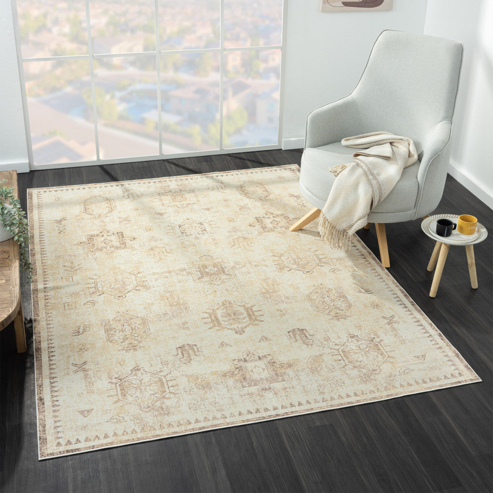 Ayla Beige Traditional Motif Waterproof Area Rug, 2' X 5'