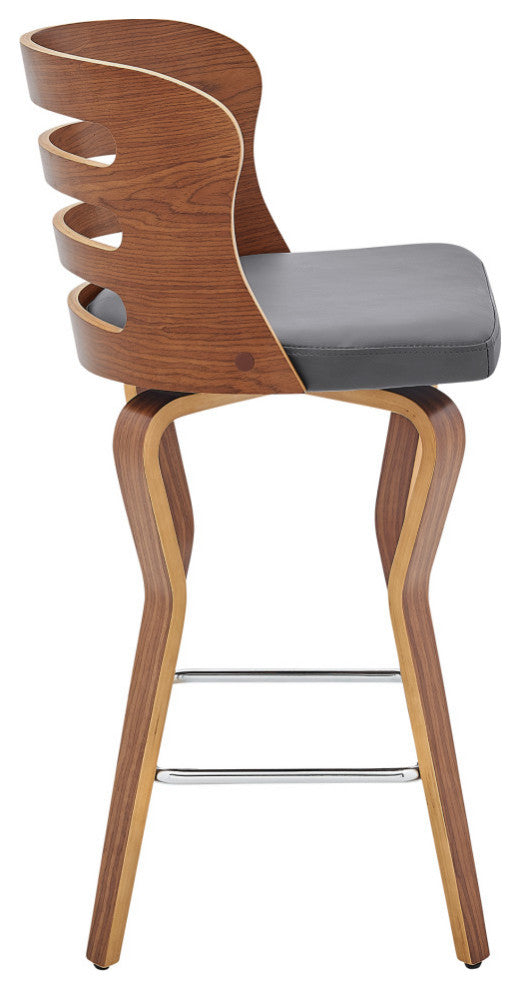 Verne 26" Swivel Gray Faux Leather and Walnut Wood Bar Stool