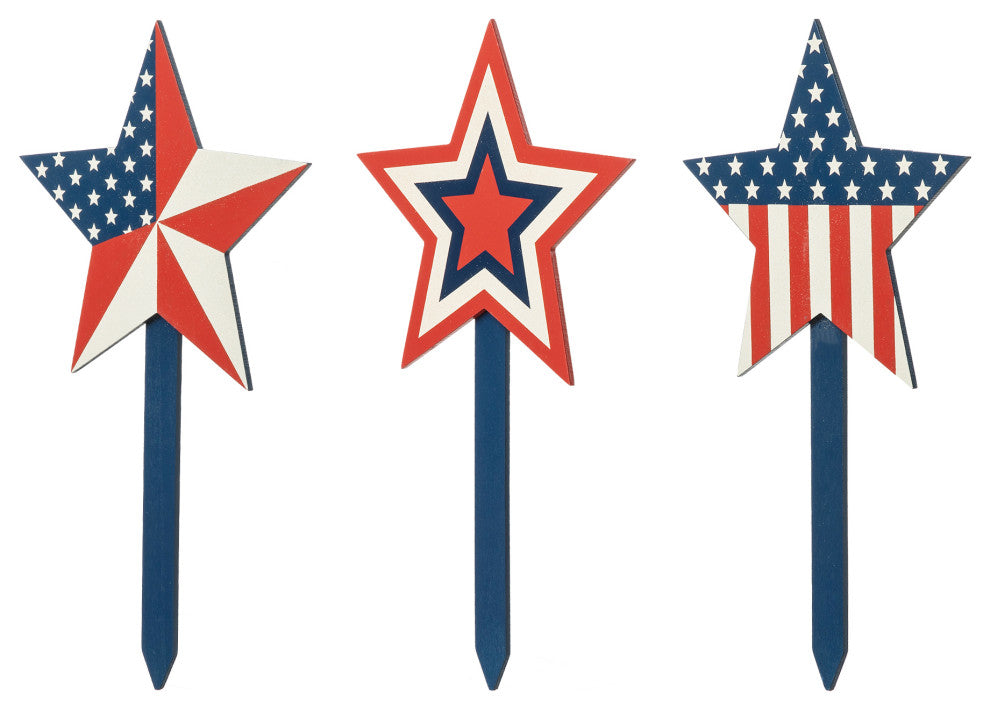 Wooden Patriotic Star Yard Stake, Set of 3