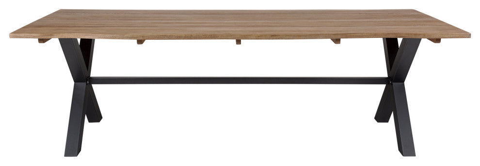 Glendora Outdoor Patio Live Edge Dining Table Eucalyptus Wood Black Metal Base