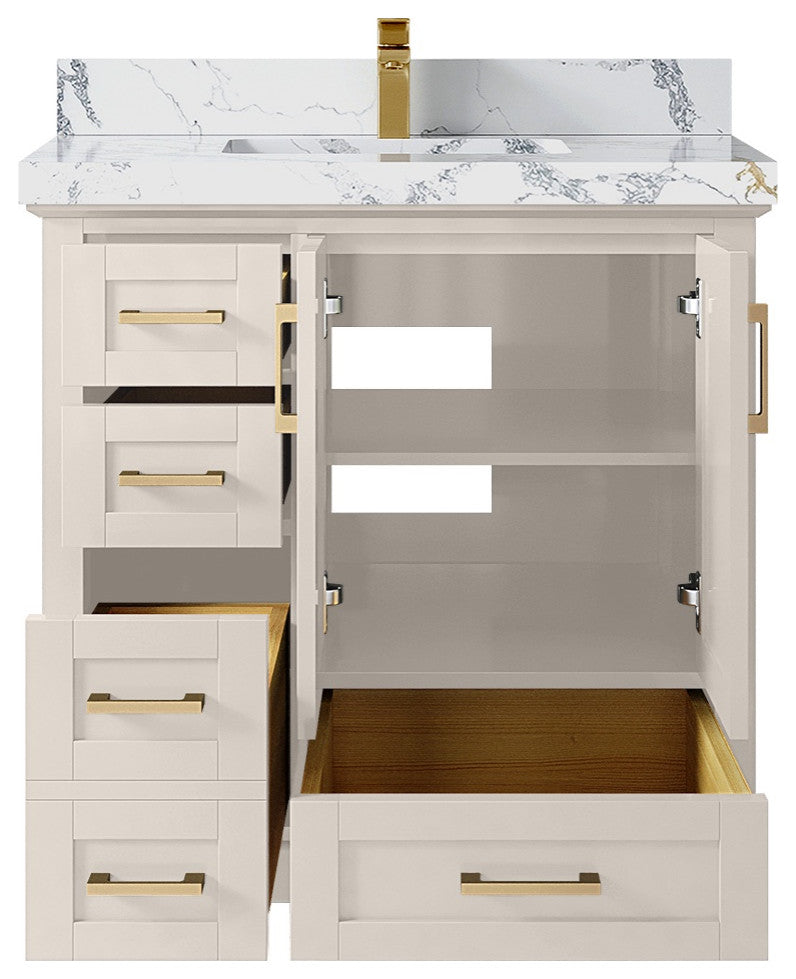 Boston 36" Center Sink Bath Vanity in Fine Grain 2" Calacatta Poanazzo