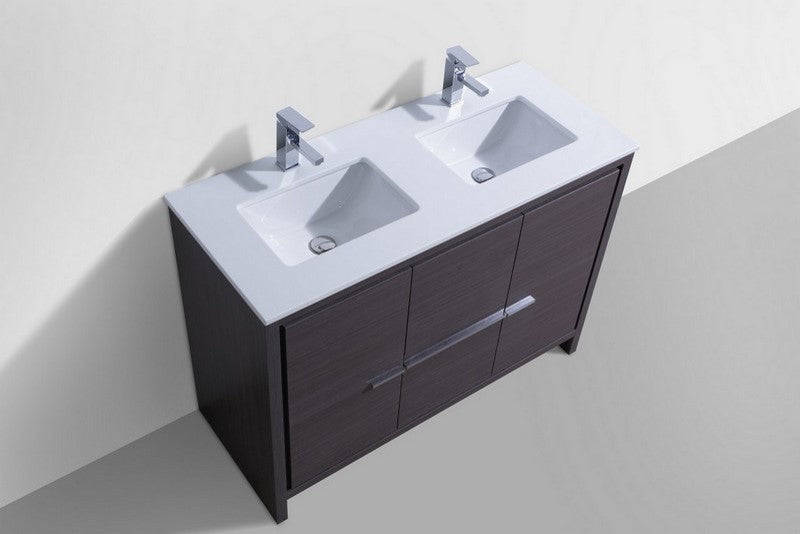 48" Double Sink Gray Oak Modern Bathroom Vanity, White Quartz