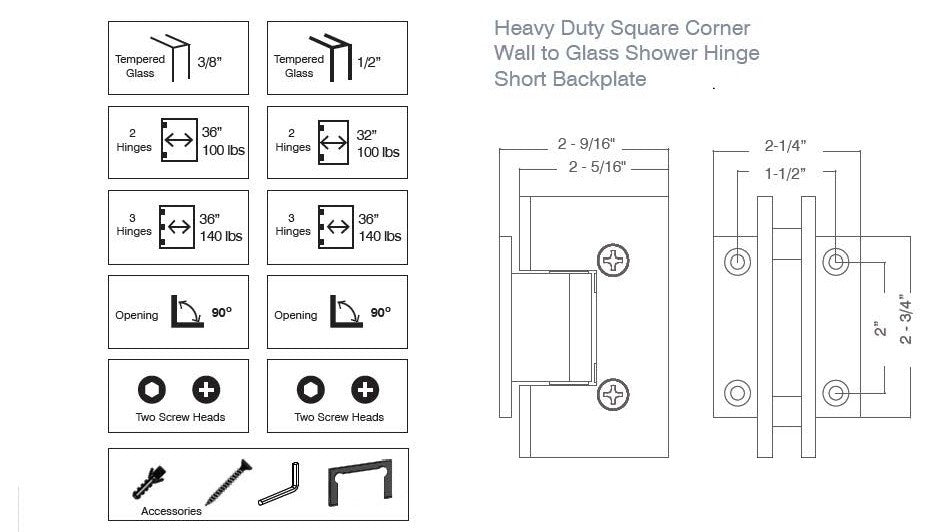Heavy Duty Square Corner Shower Hinge, Short Back Plate, Antique Black