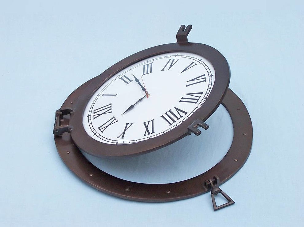 Bronzed Deluxe Class Porthole Clock 24'', Nautical Wall Clock, Beach Decor