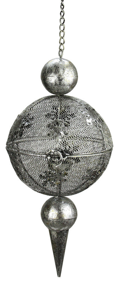 Metal Snowflake and Mesh Finial Hanging Tea Light Lantern, Silver Antique, 18"