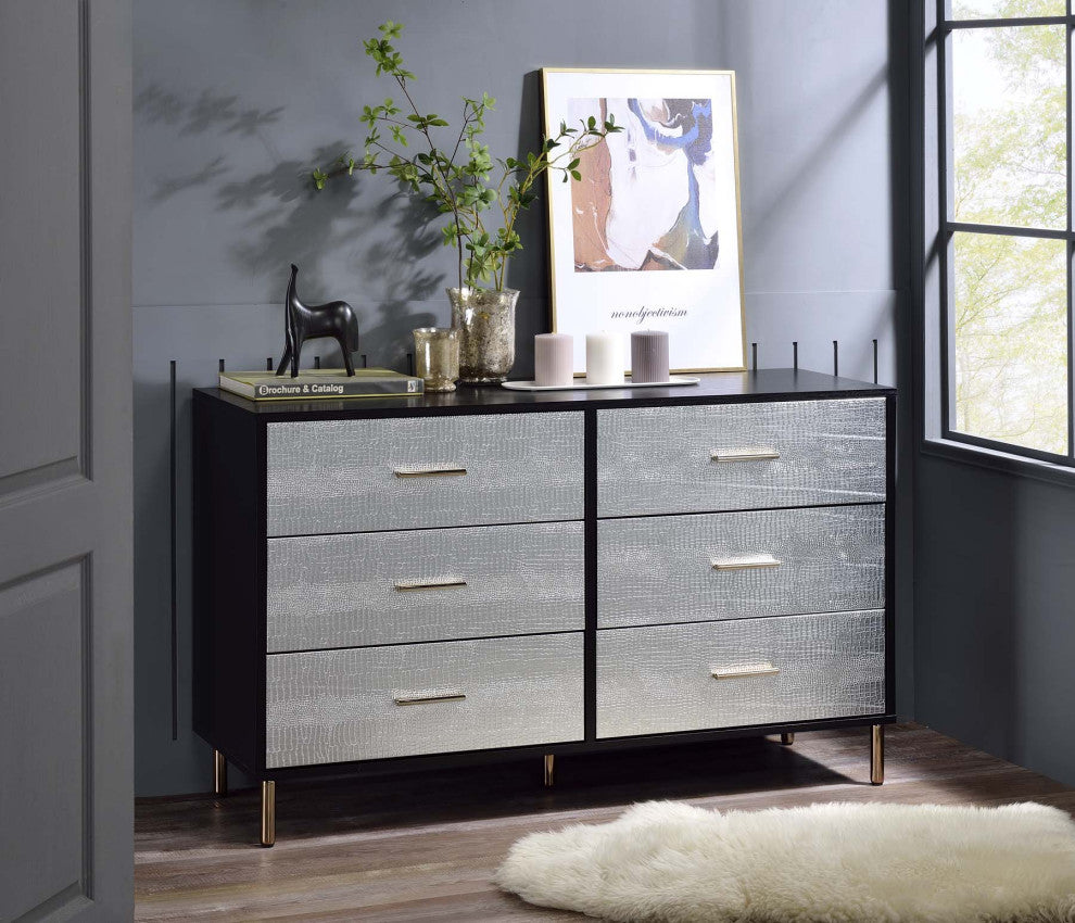 6 Drawers Wooden Dresser, Black, Silver and Gold Finish