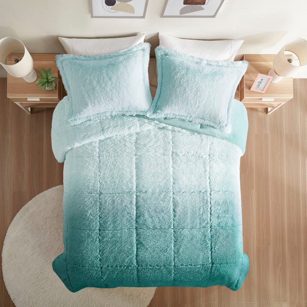 Intelligent Design Brielle Ombre Shaggy Long Fur Comforter Mini Set, Aqua