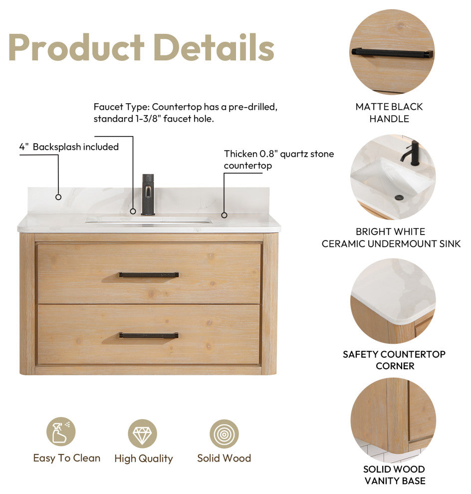 Cristo Floating Bath Vanity With Stone Top, Fir Wood Brown, 36in., No Mirror