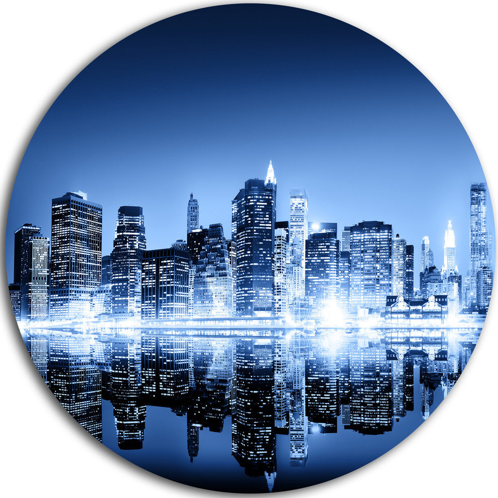 Night New York City Mirrored, Cityscape Disc Metal Artwork, 11"