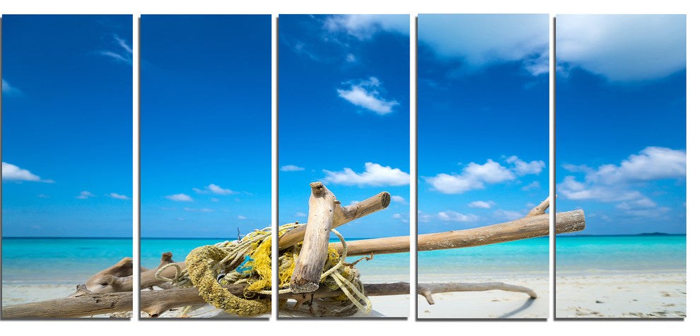 "Deadwood on White Sand Beach" Contemporary Seascape Wall Art, 5 Panels, 60"x28"