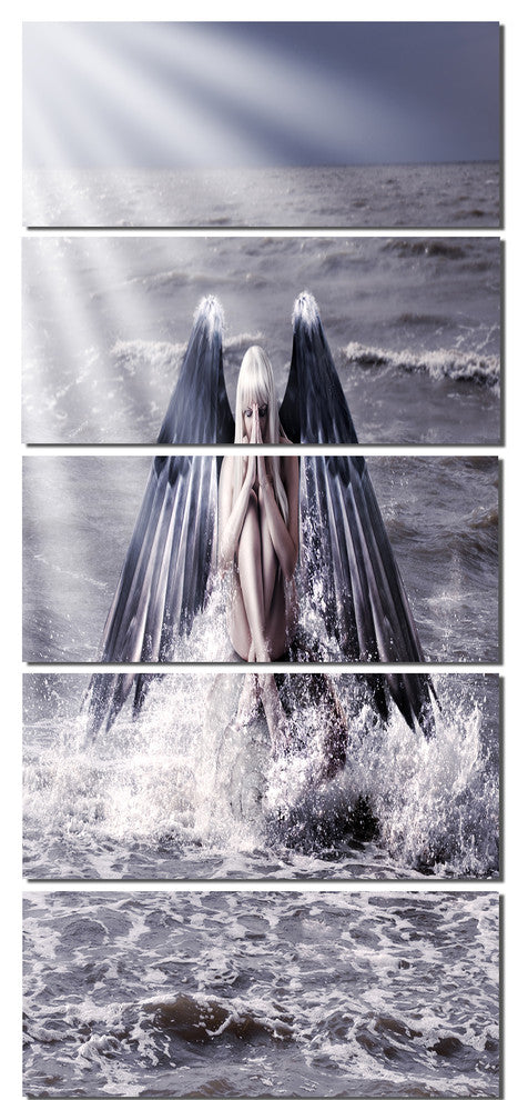 "Woman With Dark Angel Wings" Modern Beach Canvas Art Print, 5 Panels, 28"x60"
