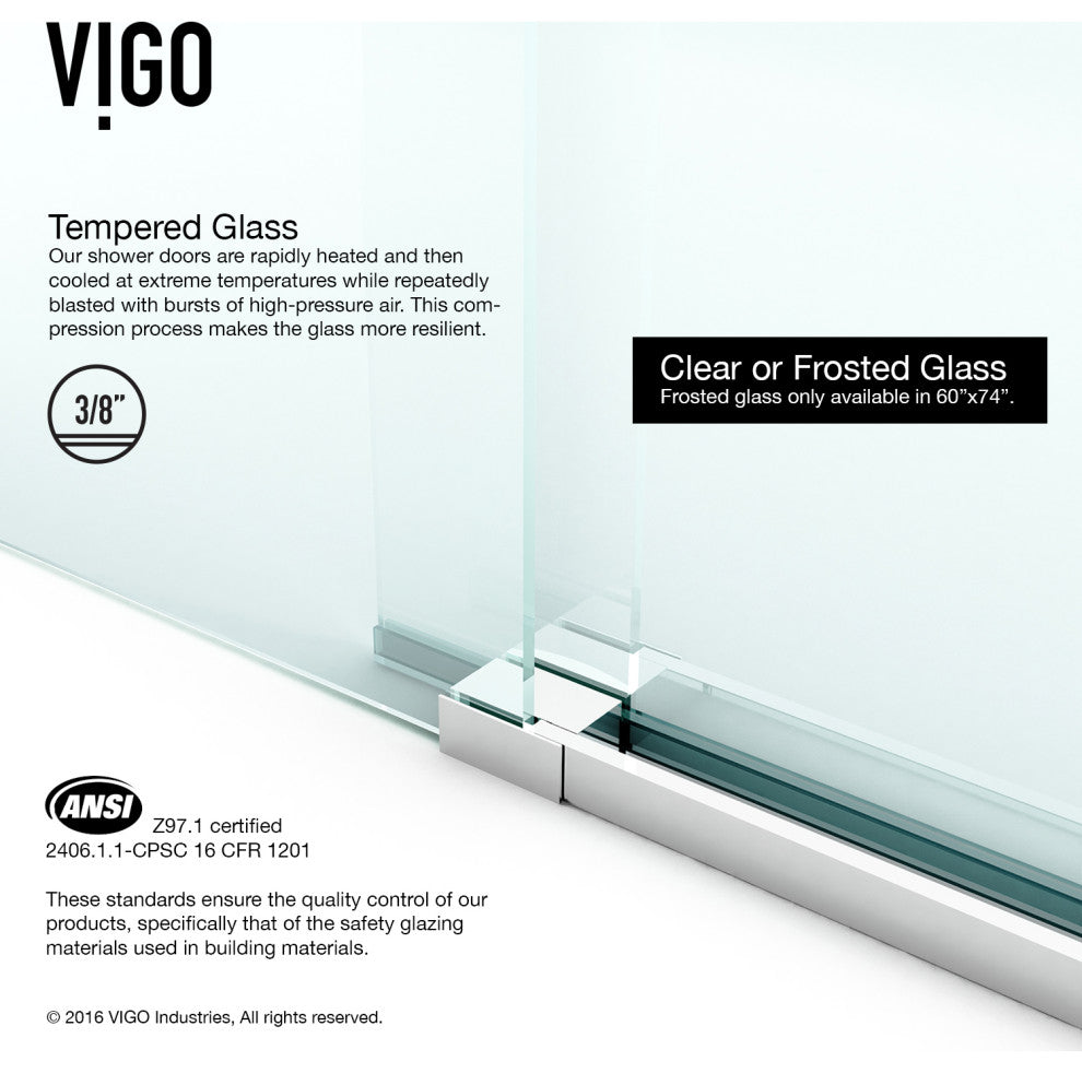 VIGO Elan 56" to 60" W x 66" H Frameless Sliding Tub Door, Chrome, Clear Glass