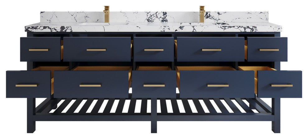 Parker 84" Double Sink Bath Vanity, Navy Blue 2" Viola Night