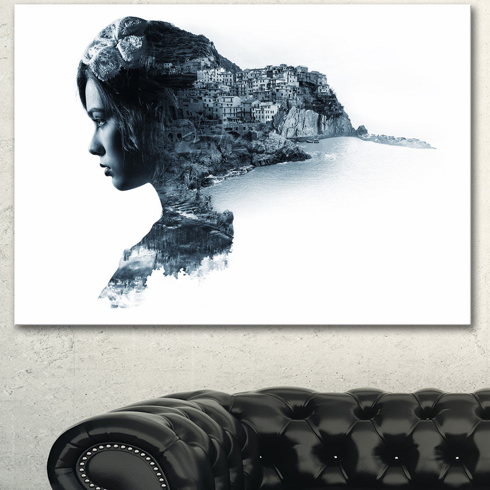 Woman Portrait Double Exposure, Portrait Canvas Art Print, 60"x28"