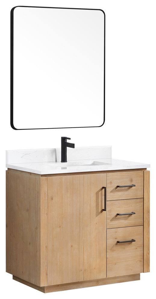 San Bath Vanity with Stone Top, Fir Wood Brown, 36", Single Vanity, With Mirror
