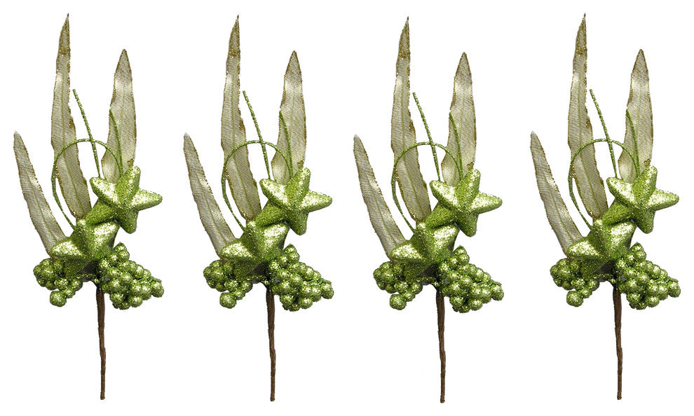 4 Pieces 10" Glitter Berry and Star Christmas Pick, Green
