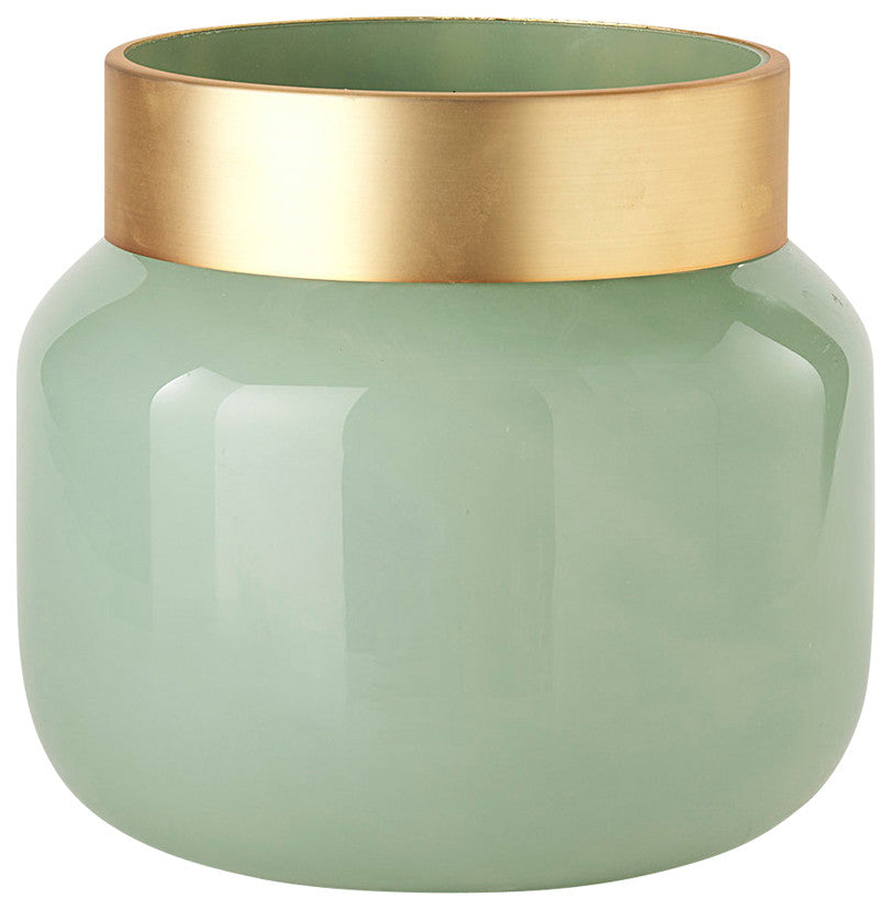 Minty Green Glass With Gold Metal Top Vase, 10"