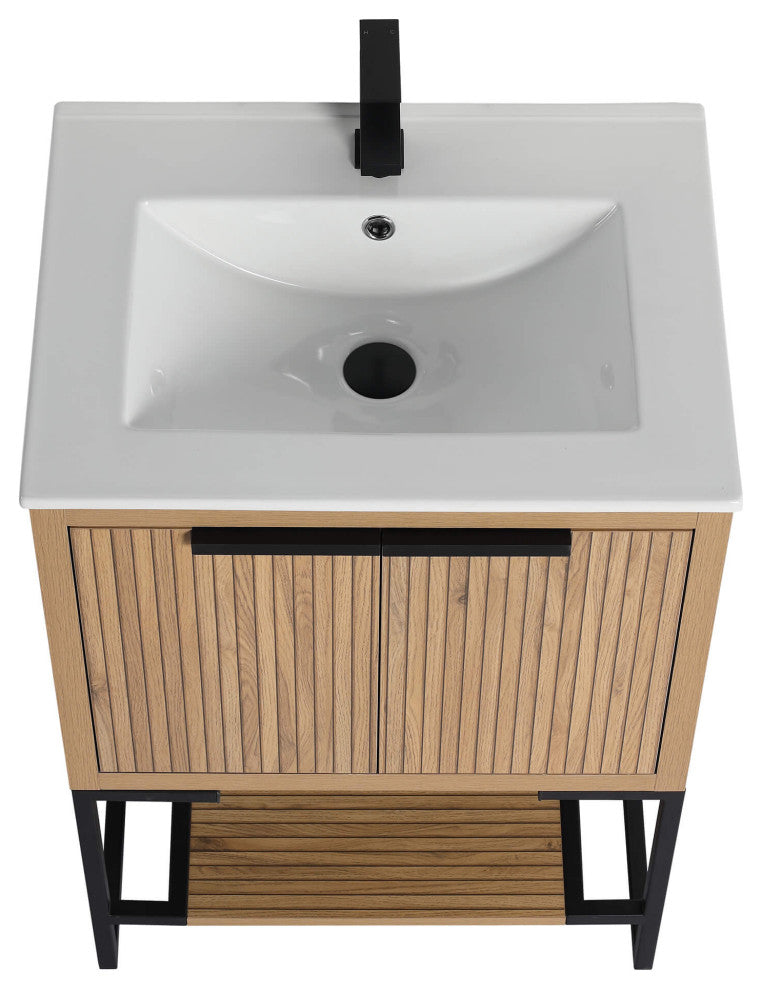 Kingsford Grooved-Look Bath Vanity, Bright Oak, White Ceramic Sink, 24", Doors