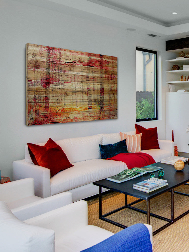 "Floating Red Water" Painting Print on Natural Pine Wood, 36"x24"