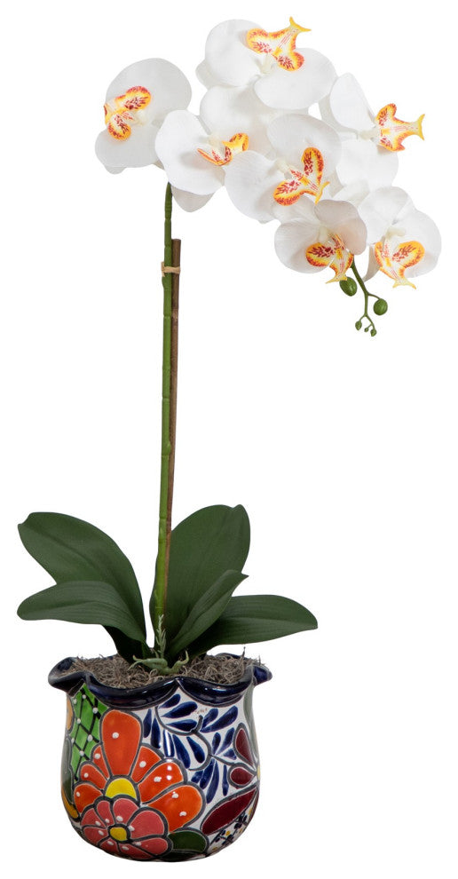 26" Artificial Orchid Arrangement, Handmade Mexican Talavera Ceramic Planter
